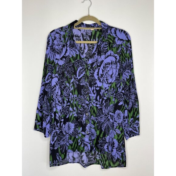Sunny Leigh Purple Green Black Button Front Collared Floral Tunic Blouse Large - Picture 1 of 10